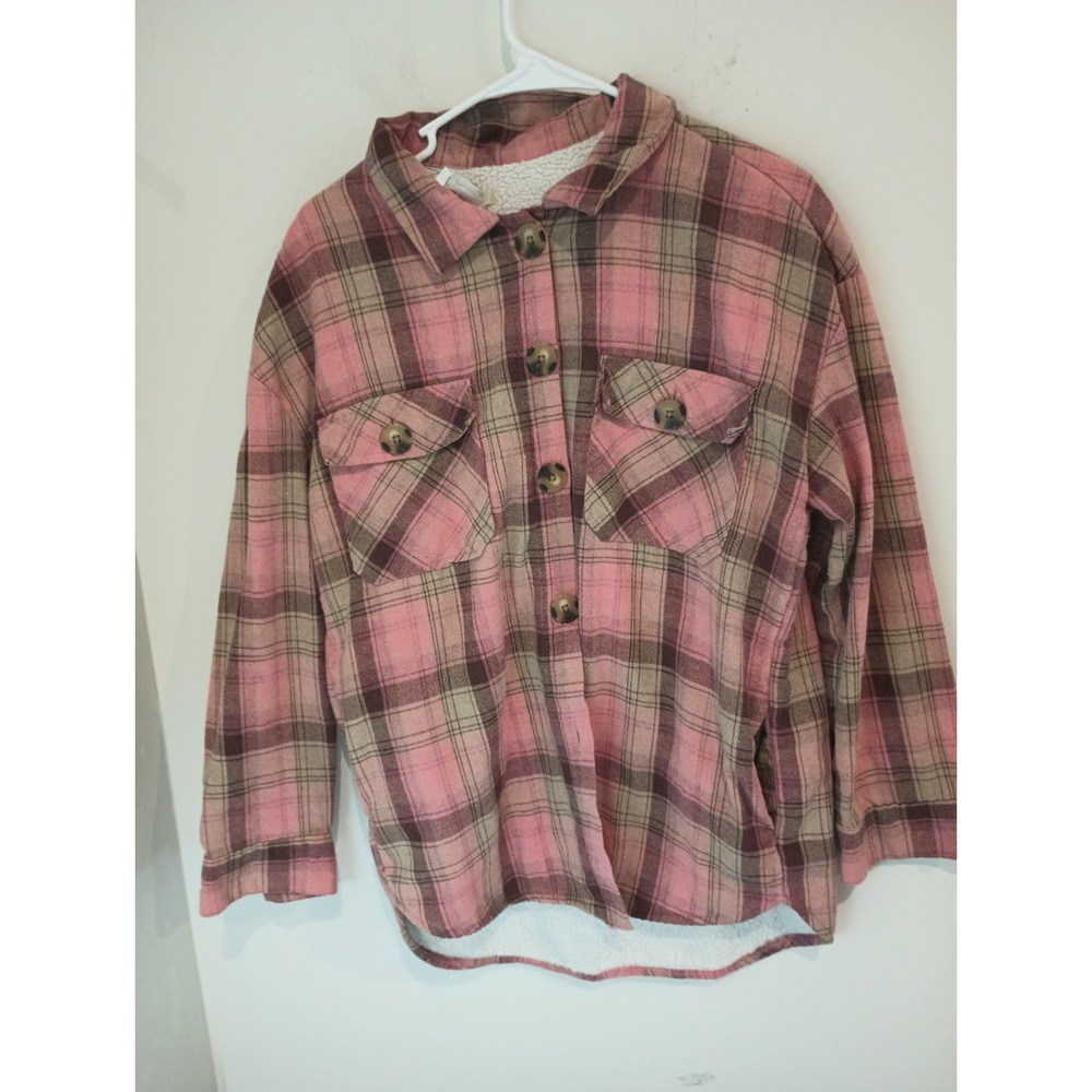Passport Flannel Jacket Women's L Red Ivory Plaid Sherpa Lined Button 4 Pockets